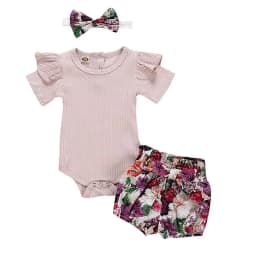 Summer Newborn Baby Girl Clothes Set Solid Color Short Sleeve Ruffle Romper Tops Flower Short Pants Headband 3Pcs Infant Outfits