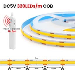 COB LED Strip Light 5V 320LEDs/m PIR Motion Sensor Flexible Self-adhesive Tape Battery Powered for Cabinet Kitchen Lighting