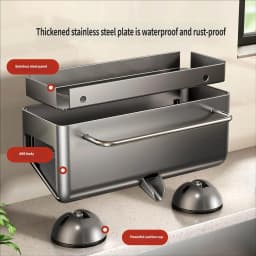 No Drill Suction Cup Kitchen Sink Caddy with Towel Bar Kitchen Sink Sponge Holder Dishcloth Drying Rack Sink Drain Basket