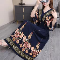 n Long Print Dr V-Ne Slimming Cotton Silk Beachwear Casual High Waist Summer Women's Loose Fit Overhead Dr