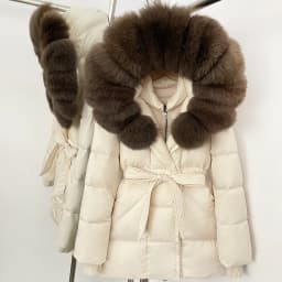OFTBUY New Winter Real Fur Outerwear Women's Down Jacket with Real Fox Fur Belted Waist Mid-Length White Duck Down Puffer Coat
