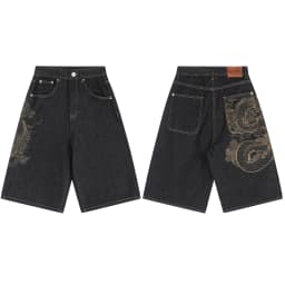 Masked Goddess Embroidered Flowered Jens Shorts for Men and Women High Street Washed Baggy Casual Five Point Denim Pants