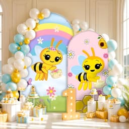 Mocsicka Cute Bee Birthday Party Arch Cover Backdrop Cartoon Honeybee Floral Honeycomb Rainbow Background Baby Show Photo Studio
