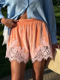 Women's Shorts Velvet Patchwork Lace See Hollow Out Irregular Hem Loose Shorts Charming Female Elastic High Waist Loungewear New