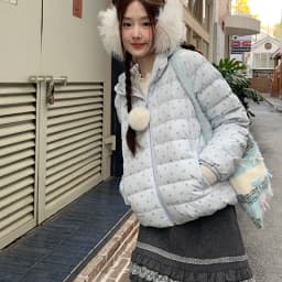 Korean Cropped Polka Dot Hooded Cotton-padded Jacket Women Zip Up Casual Winter Warm Outerwear Woman Sweet Cute Puffer Jackets