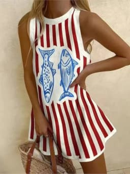 2025 Summer Casual print loose mini Dresses For Woman Fashion Beach Marine elements Dress o-neck Sleeveless party Dress