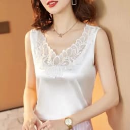 plus Size Lace Trim Silk Vest Top Women's Base Shirt Suit Professional Inner Wear Summer Floral Versatile Outerwear Silk Sati...