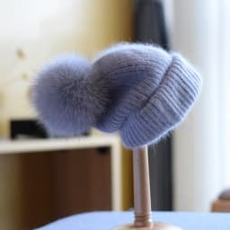 Winter Women's Real Fox Fur Pom-Pom Knitted Beanie Cap with Rabbit Fur Trim and Cashmere Touch