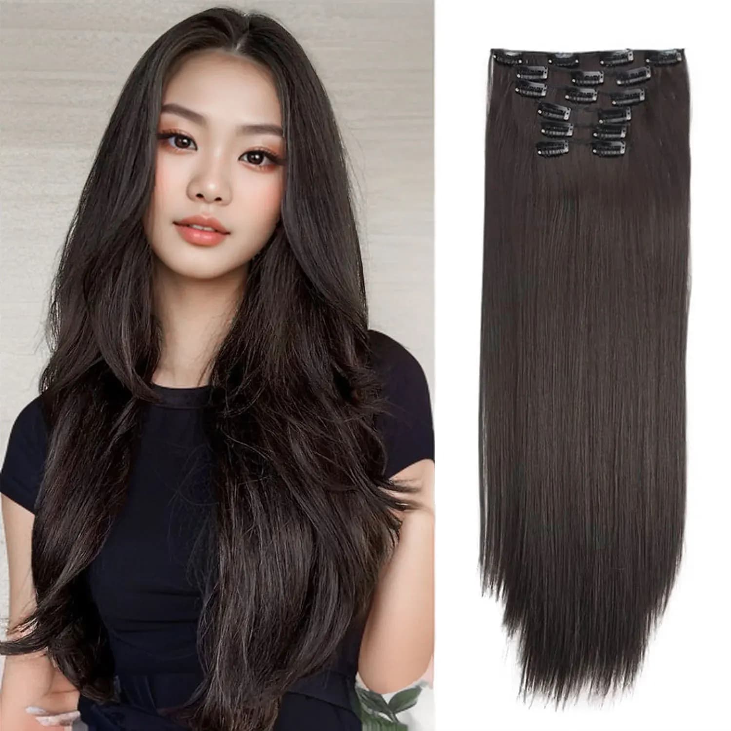 Synthetic 6PCS Clip in Hair Extensions Black Hair Straight Extensions for Women Layered Hair Extensions Heat Resistant Long Wavy