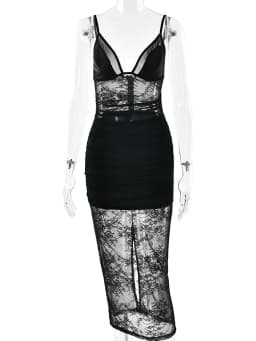 JULISSA MO Patchwork Sexy Sheer Lace Women Maxi Dress Black Spaghetti Strap V-neck Dress Spring Slim Elegant Party Evening Dress