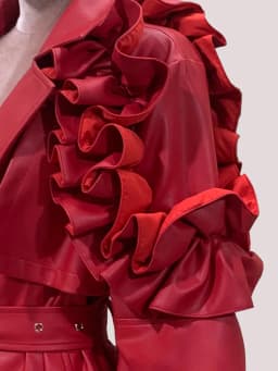Mauroicardi Autumn Extra Long Red Soft Pu Leather Coat Women Ruffled Lantern Sleeve Back Slit Elegant Luxury Designer Clothes