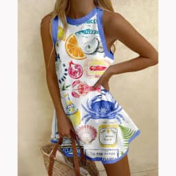 2025 Summer Casual print loose mini Dresses For Woman Fashion Beach Marine elements Dress o-neck Sleeveless party Dress