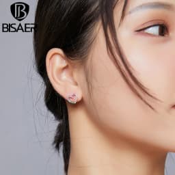 BISAER Rainbow Hollow Heart Stud Earrings 925 Sterling Silver Colorful Zircon Small Earrings For Women Luxury Jewelry ECE891