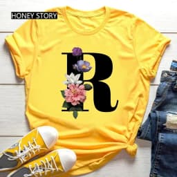 Large Size Yellow T-shirt for Men And Women with Black Fashion Trend Print of Flowers 26 English Letters Casual Short Sleeve Top