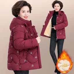 Warm Fleece Lined Cotton Jacket for Middle-Aged And Elderly Women Casual Style Winter Coat with Hood Zipper Closure And Pockets
