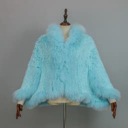New Extra Long Real Genuine Natural Knitted Rabbit Fur Shawl Coat with Fox Fur Collar Women's Fashion Knit Jacket Cape