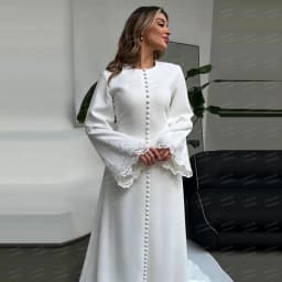 Simple Formal Wedding Dresses Mermaid Woman's Lace Long Sleeve Satin Bride Gowns Muslim Buttons Vestidos Customized Party Gala