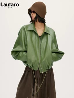 Lautaro Spring Autumn Green Short Pu Leather Jacket Women with Zipper Luxury Designer Clothes Loose Casual Korean Fashion 2026