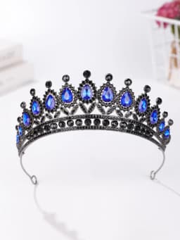 Retro Palace-Style Blue Diamond Crown Headband with Black Base, European and American Luxury Party Hair Accessory, Sparkling Headpiece for Evening Events
