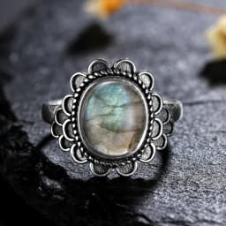 Silver Ring for Women Oval Round Natural Labradorite Ring Gift Sun Shaped Retro Luxury Fine Jewelry