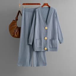 Autumn/winter Casual Women's Knitted Pants Set V-neck Long Sleeved Single Breasted Knitted Sweater Cardigan+ Wide Leg Pants
