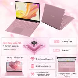 15.6" Pink Laptop, Intel N95, 32Gb Ddr4 Ram, 1Tb Ssd, Windows 11 Pro, Notebook Pc, Ips 1920X1080, Dual Band Wifi, Bluetooth 5.0, Portable Computer for Office & Study