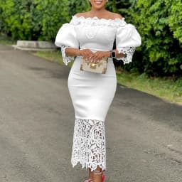 Elegant Dresses for Woman Off the Shoulder Lantern Sleeve Lace Patchwork Sheath Package Hips Ankle Length Luxury Birthday Dress
