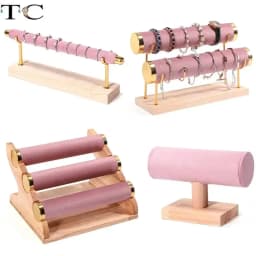New Solid Wood Pink Velvet Jewelry Display Stand Ring Earrings Bracelet Necklace Watch Pendant Storage Display Stand