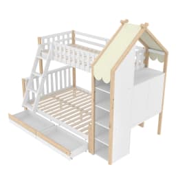 Bunk Bed 90x200cm +140x200cm with Bed Grid Storage Guide House Rail & 2 Drawers-Irregular Fence Design ( Without Mattress )