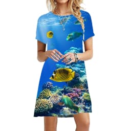 Under The Sea Whale Pattern Dresses For Summer 2023 New Women 3D Printed Oversized Short Sleeve Clothing Fashion Loose Dress