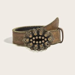 Vintage Carved Buckle PU Wide Belts Boho Brown Embossed Waistband Western Jeans Pants Belt