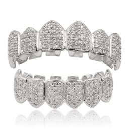 Hiphop Teeth Grillz Set for Unisex Top Bottom Mouth Silver Color Teeth Grills Tooth Cap Removable Dental Fashion Body Jewelry