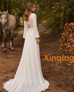 Customized Elegant White Chiffon Wedding Dress with O-Neck Long Sleeves Sexy Court Train Backless Special Occasion Gowns