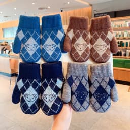 Kids Winter Knit Mittens Fleece Warm Argyle Plaid Simple Bear Jacquard Stretchy Rib Cuff Cold‑proof Vintage Style Gloves 2026