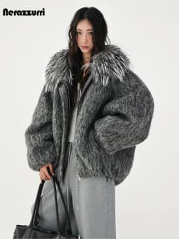 Nerazzur Autumn Winter Warm Thick Grey Oversized Quilted Blends Coat for Women with Faux Fur Trim Hood Loose Casual Woolen Coat