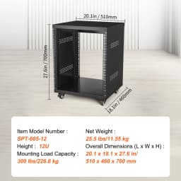 SucceBuy 12U AV Rack Stand Network Stereo Recording Studio Rack Special Vents for 19" Audio Video Musical& IT Equipment Mounting