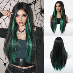 Easihair Black with Red Pink Highlight Long Straight Wig With Bangs Heat Resistant Synthetic Hair Gothic Halloween Cosplay Wigs