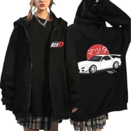 Anime Initial D Drift AE86 Zipper Hoodie Casual Vintage Zip Up Hooded Sweatshirts JDM Car Oversized Hoodies Cardigan Jacket Coat