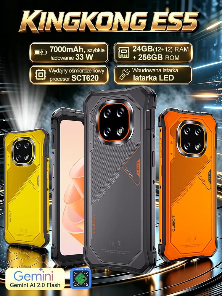 [Shipping From Poland] Cubot KingKong ES 5 Rugged Smartphone Android 16 Up to 24GB RAM(12+12GB) 256GB ROM 6.88-Inch 120Hz Screen 7000mAh Battery NFC Face Recognition Fingerprint Recognition IP69K 64MP+16MP SCT620
