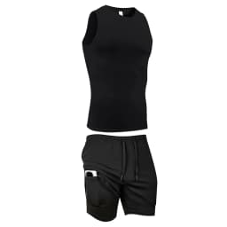 Men's Workout Running Athletic Clothing Set Sleeveless Compression Shirt Tank Top 2-in-1 Gym Shorts with Phone Pocket Towel Loop