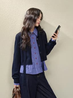 Dark Blue Knitted Sweater with Bow Design Open Cardigan Short Outerwear for Women Early Autumn Winter New Style Korean Version