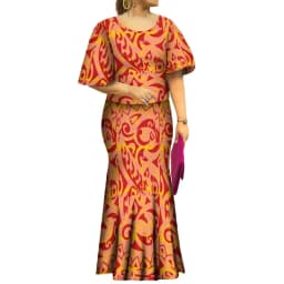 2022 New Samoan Puletasi Set Monstera Leaf Print Bat Sleeve Ptaha Blue Polynesian Top Maxi Fishtail Skirt Womens 2 Piece Set