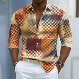 Men's retro plaid print long-sleeved shirt, button-down front for everyday wear, relaxed fit, business casual top.