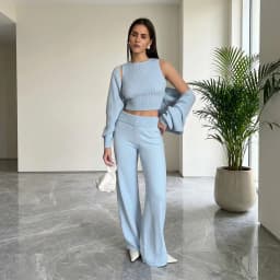 Wolfeel Women's Knitted Three Piece Ribbed Sleeveless Crop Top Long Sleeved and Long Pants Set Suitable for Casual Daily Wear