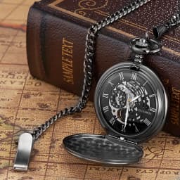 Mechanical Pocket Watch for Men Vintage Black Skeleton Hand Winding Mechanical Fob Watches for Wedding Gift