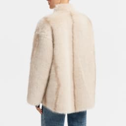 Women's Beige Cropped Fluffy Faux Fur Coat Button Stand Collar Winter Warm Thick Elegant Luxe Chic Outerwear