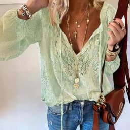 V-neck Hollow Air Quality Commuting Loose Printed Solid Color Lace Shirt Women Beach Vacation New Versatile Long-sleeved T-shirt