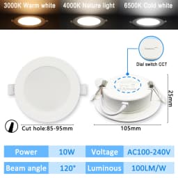 10pcs CCT Spot Downlight Recessed LED Ceiling Light 3 Color Adjusted AC100-240V Dial Swich 3000K/4000K/6500K Indoor Lighting