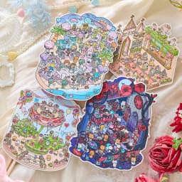 2pcs Cartoon Miniature Scene 3D Landscaping Stickers DIY Cabin Scene Stacking and Pasting Hand Account Cute Gift for Kid Child