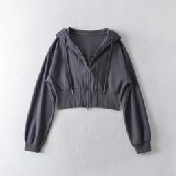 Women Cropped Hoodie Two Way Zipper Jacket Drawstring Hem Sweatshirt Slim Fit Long Sleeve Grey Athletic Yoga Gym Running Top